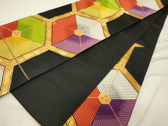 平和屋着物◎六通柄袋帯　亀甲文　黒地　金銀糸　正絹　逸品　CABH2824oy