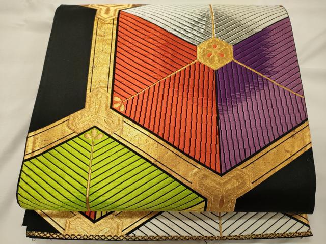 平和屋着物◎六通柄袋帯　亀甲文　黒地　金銀糸　正絹　逸品　CABH2824oy
