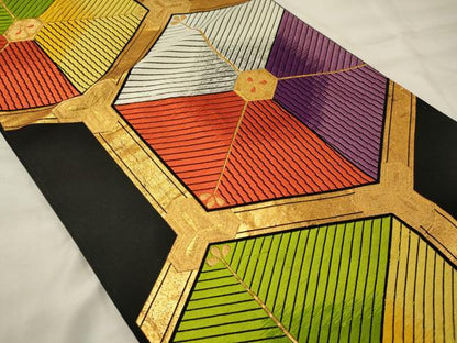 平和屋着物◎六通柄袋帯　亀甲文　黒地　金銀糸　正絹　逸品　CABH2824oy