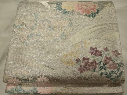 平和屋着物◎六通柄袋帯　唐織　地紙草花文　銀糸　正絹　逸品　CABH2829oy