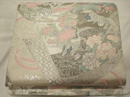 平和屋着物◎六通柄袋帯　プラチナ二丁箔　流水飛鶴花松文　正絹　逸品　CABH2835oy