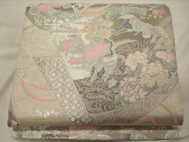 平和屋着物◎六通柄袋帯　プラチナ二丁箔　流水飛鶴花松文　正絹　逸品　CABH2835oy