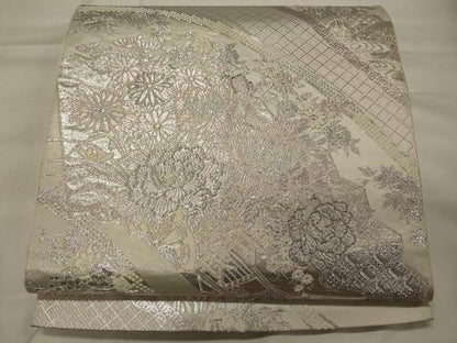 平和屋着物◎六通柄袋帯　花車文　銀糸　正絹　逸品　CABH2839oy