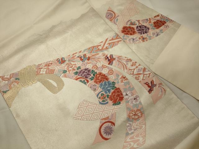 平和屋着物◎九寸名古屋帯　唐織　束ね熨斗花鳥文　金糸　正絹　逸品　CABH2842oy