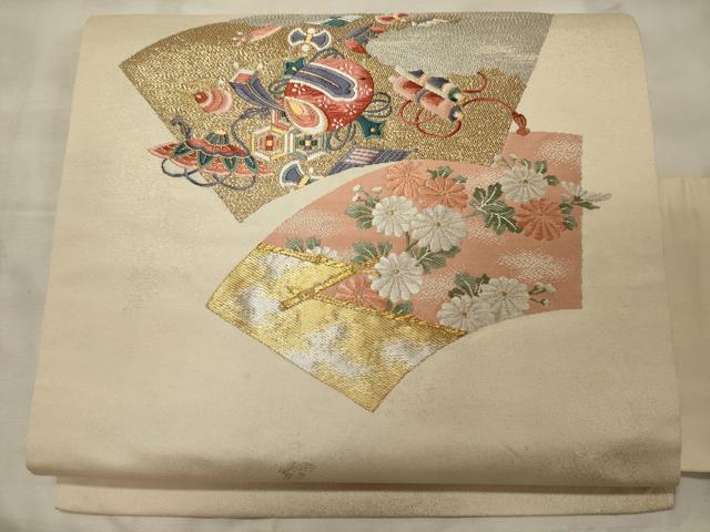 平和屋着物◎九寸名古屋帯 唐織 地紙花文 宝尽くし 金銀糸 正絹 逸品 CABH2853oy