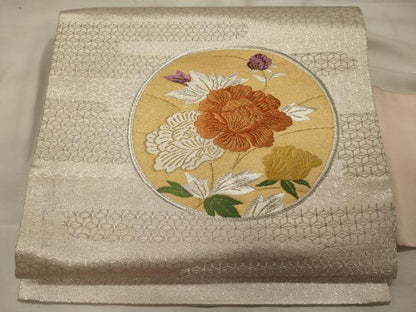 平和屋着物◎九寸名古屋帯　唐織　草花丸文　金銀糸　正絹　逸品　CABH2862oy