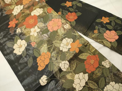 平和屋着物◎九寸名古屋帯　舞花文　黒地　金糸　正絹　逸品　CABH2870oy