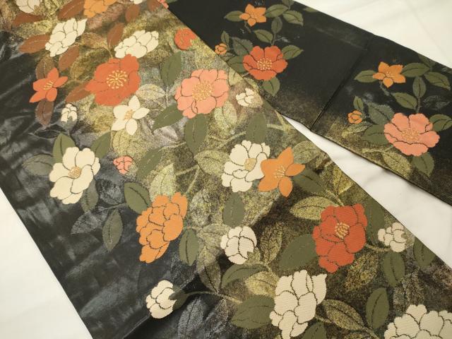 平和屋着物◎九寸名古屋帯　舞花文　黒地　金糸　正絹　逸品　CABH2870oy