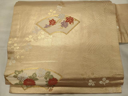 平和屋着物◎九寸名古屋帯　地紙草花文　金糸　正絹　逸品　CABH2871oy