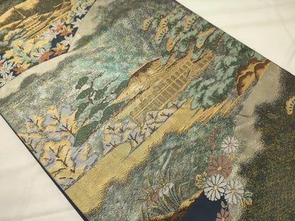平和屋着物◎六通柄袋帯　風景草花文　金銀糸　正絹　逸品　CABH2881oy