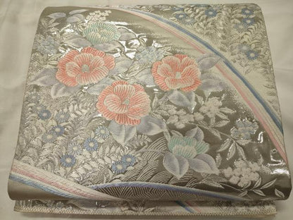 平和屋着物◎六通柄袋帯 九百錦 プラチナ箔 草花文 正絹 逸品 CABH2884oy
