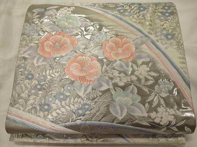 平和屋着物◎六通柄袋帯 九百錦 プラチナ箔 草花文 正絹 逸品 CABH2884oy