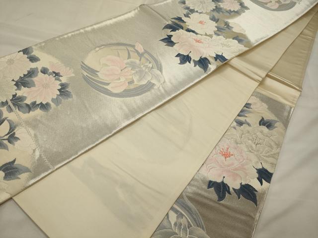 平和屋着物◎六通柄袋帯 草花丸文 銀糸 正絹 逸品 CABH2894oy