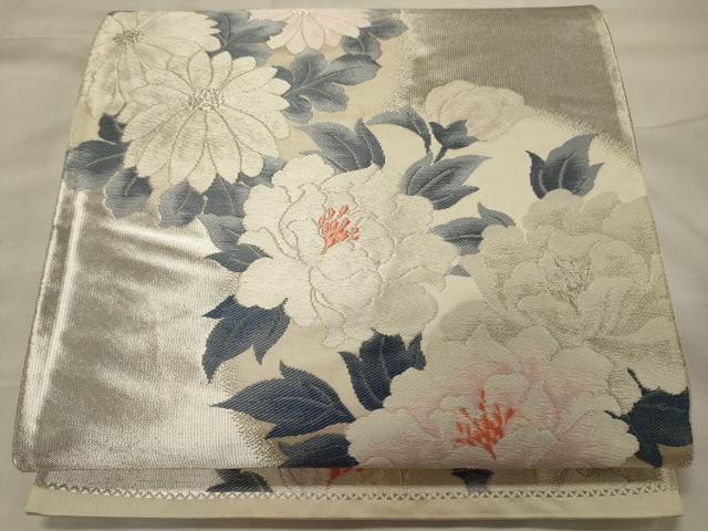 平和屋着物◎六通柄袋帯 草花丸文 銀糸 正絹 逸品 CABH2894oy