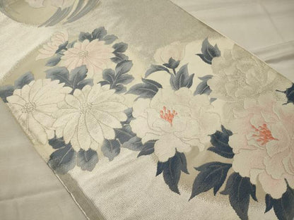 平和屋着物◎六通柄袋帯 草花丸文 銀糸 正絹 逸品 CABH2894oy