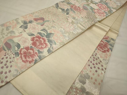 平和屋着物◎六通柄袋帯 唐織 孔雀花文 銀糸 正絹 逸品 CABH2895oy