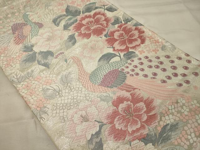 平和屋着物◎六通柄袋帯 唐織 孔雀花文 銀糸 正絹 逸品 CABH2895oy