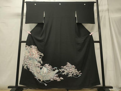 平和屋着物■黒留袖 駒刺繍 鏡裏花鳥松文 暈し染め 銀糸 洗える着物 CABH2961oy