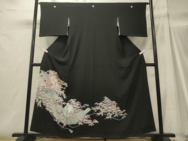平和屋着物■黒留袖 駒刺繍 鏡裏花鳥松文 暈し染め 銀糸 洗える着物 CABH2961oy