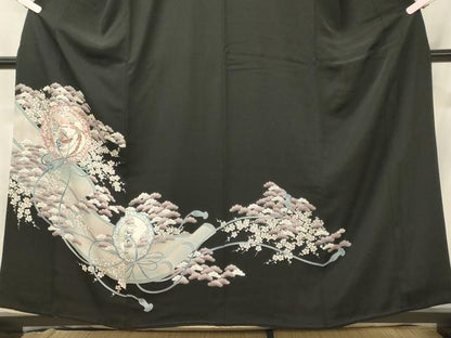 平和屋着物■黒留袖 駒刺繍 鏡裏花鳥松文 暈し染め 銀糸 洗える着物 CABH2961oy