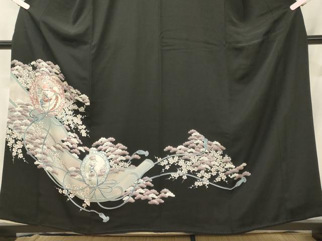 平和屋着物■黒留袖 駒刺繍 鏡裏花鳥松文 暈し染め 銀糸 洗える着物 CABH2961oy