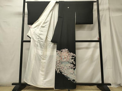 平和屋着物■黒留袖 駒刺繍 鏡裏花鳥松文 暈し染め 銀糸 洗える着物 CABH2961oy