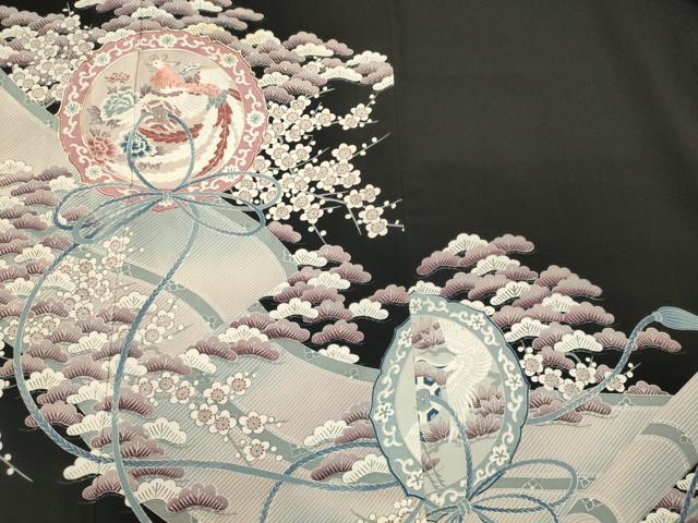 平和屋着物■黒留袖 駒刺繍 鏡裏花鳥松文 暈し染め 銀糸 洗える着物 CABH2961oy
