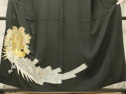 平和屋着物■豪華黒留袖　総刺繍　孔雀文　金銀糸　正絹　逸品　CABH3015oy