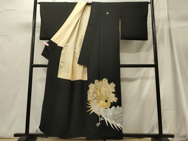 平和屋着物■豪華黒留袖　総刺繍　孔雀文　金銀糸　正絹　逸品　CABH3015oy