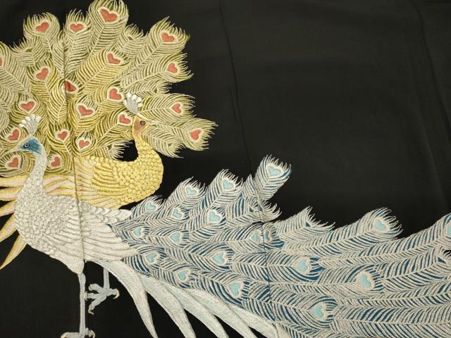 平和屋着物■豪華黒留袖　総刺繍　孔雀文　金銀糸　正絹　逸品　CABH3015oy