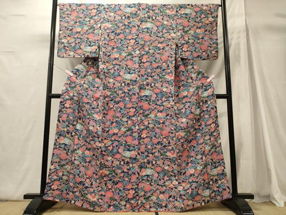 平和屋着物■上質な小紋　風景草花文　鬼しぼ縮緬　正絹　逸品　CABH3024oy