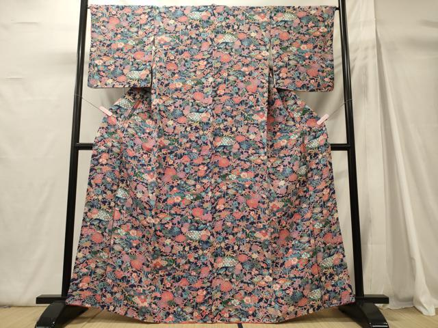 平和屋着物■上質な小紋　風景草花文　鬼しぼ縮緬　正絹　逸品　CABH3024oy