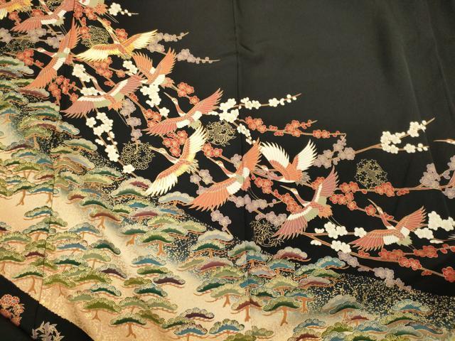 平和屋着物■豪華黒留袖　駒刺繍　飛鶴梅松文　暈し染め　金彩　正絹　逸品　CABH3030oy