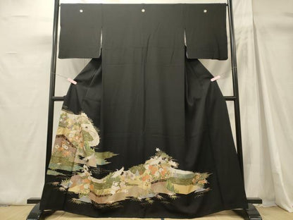 平和屋着物■豪華黒留袖　駒刺繍　飛鶴花松文　金彩　正絹　逸品　CABH3031oy