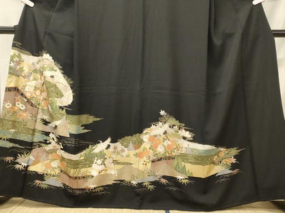 平和屋着物■豪華黒留袖　駒刺繍　飛鶴花松文　金彩　正絹　逸品　CABH3031oy