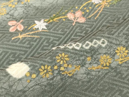 平和屋着物■訪問着　絞り　刺繍　舞葉松葉文　金彩　正絹　逸品　CABH3035oy