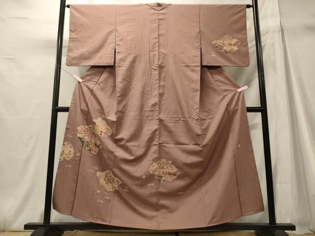 平和屋着物■訪問着　作家物　紬地　刺繍　孔雀草花文　金糸　正絹　逸品　CABH3053oy