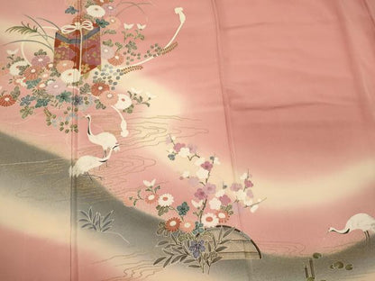 平和屋着物■訪問着　群鶴草花文　暈し染め　金彩　正絹　逸品　CABH3061oy