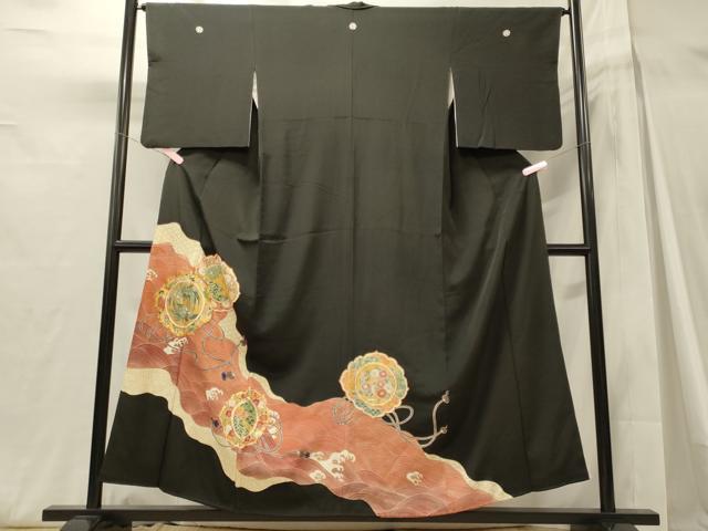 平和屋着物■豪華黒留袖　駒刺繍　立波鏡裏花鳥文　金彩　正絹　逸品　CABH3088oy