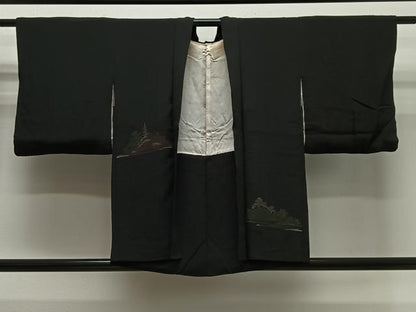 平和屋着物＃羽織　風景文　黒地　金銀彩　正絹　逸品　CABH3210ua