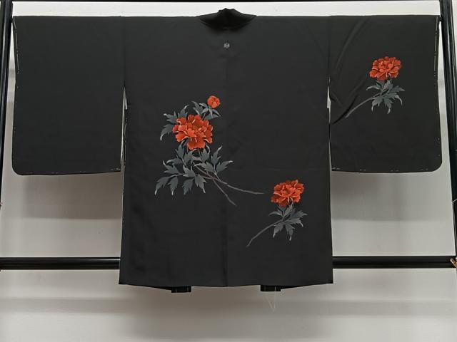 平和屋着物＃羽織　作家物　牡丹紋　黒地　正絹　逸品　未使用　CABH3211ua