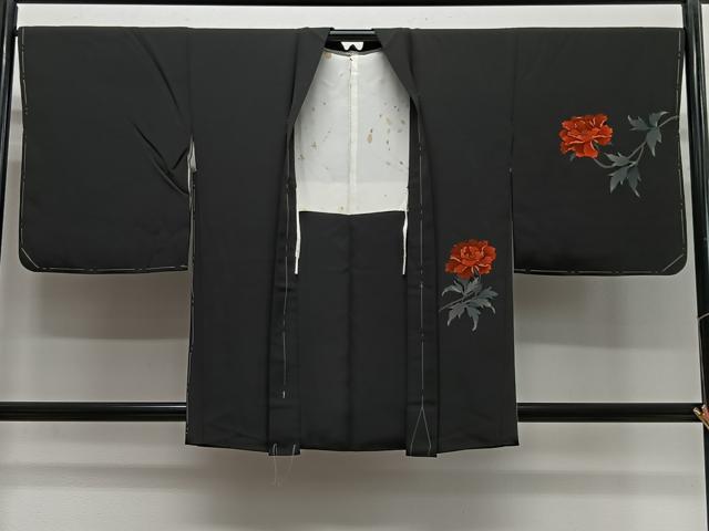 平和屋着物＃羽織　作家物　牡丹紋　黒地　正絹　逸品　未使用　CABH3211ua