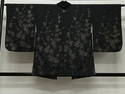 平和屋着物＃羽織　寿光織　枝花文　黒地　銀糸　正絹　逸品　CABH3215ua