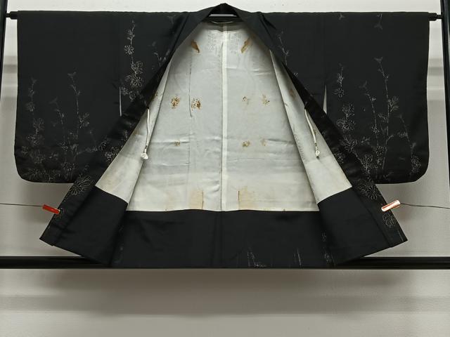 平和屋着物＃羽織　寿光織　枝花文　黒地　銀糸　正絹　逸品　CABH3215ua
