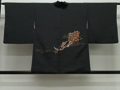 平和屋着物＃羽織　寿光織　御所車文　黒地　金銀糸　正絹　逸品　CABH3234ua