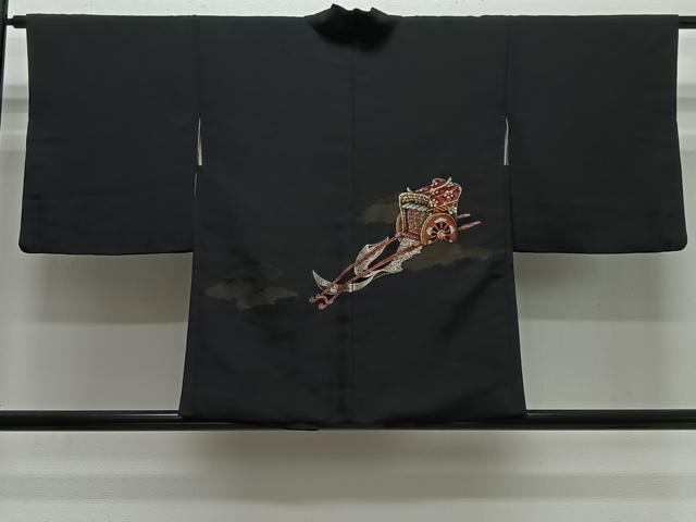 平和屋着物＃羽織　寿光織　御所車文　黒地　金銀糸　正絹　逸品　CABH3234ua
