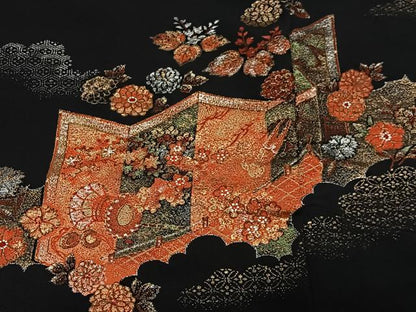 平和屋着物＃羽織　寿光織　屏風花文　黒地　金銀糸　正絹　逸品　CABH3235ua
