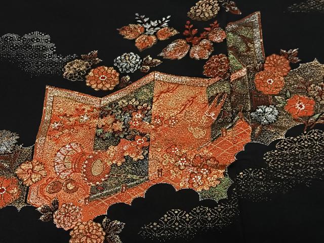 平和屋着物＃羽織　寿光織　屏風花文　黒地　金銀糸　正絹　逸品　CABH3235ua