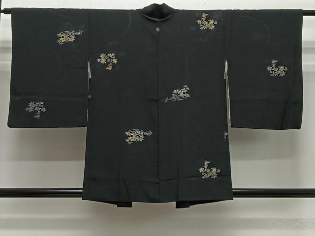 平和屋着物＃羽織　寿光織　草花文　黒地　金銀糸　正絹　逸品　CABH3236ua