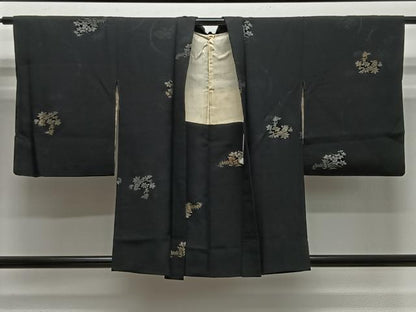 平和屋着物＃羽織　寿光織　草花文　黒地　金銀糸　正絹　逸品　CABH3236ua
